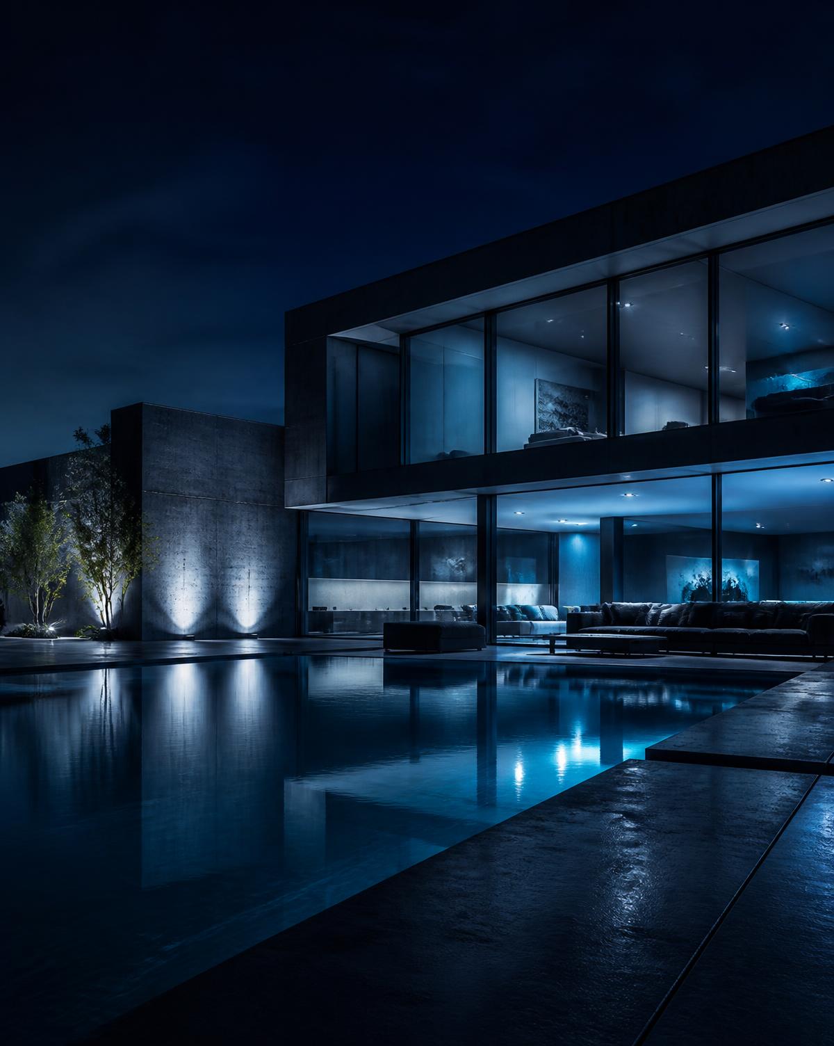 Residência de arquitetura contemporânea iluminada à noite